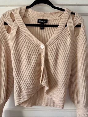 Express Cream Ribbed Cutout Shoulder Cardigan